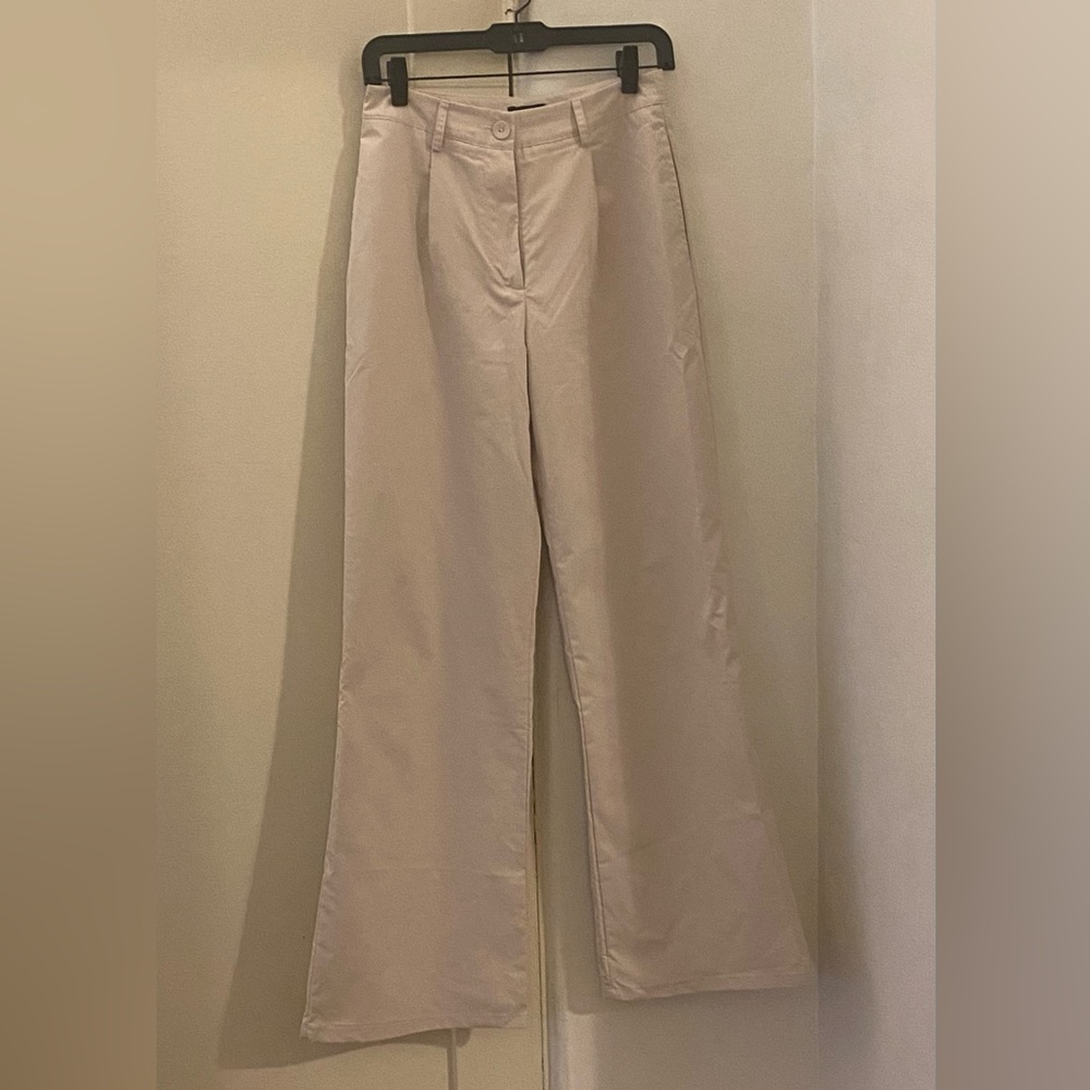 Pleated Beige Wide-Leg Trousers
